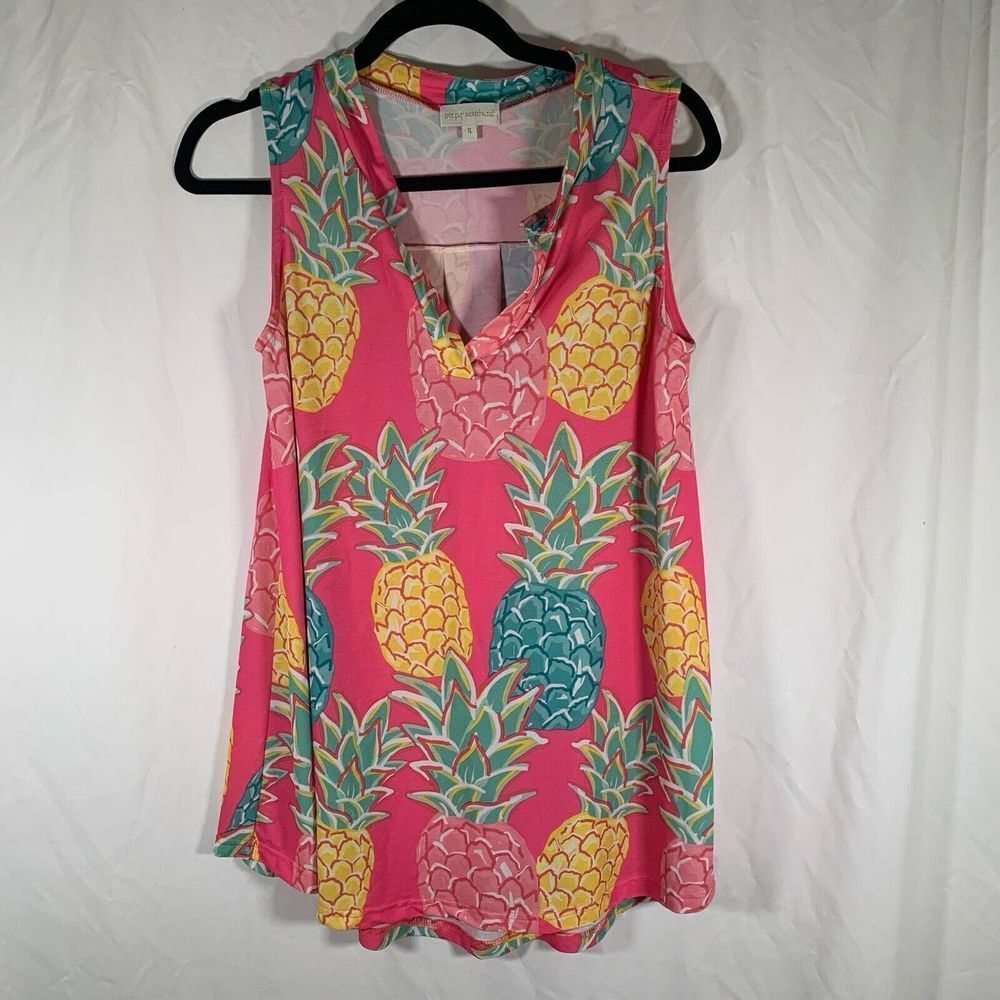 Simply Southern Blouse Women's Small Pink Pineapple V-neck Tank Top